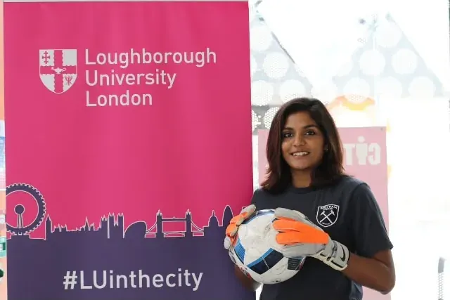 Aditi Chauhan in her West Ham United goalkeeper kit at Loughborough University London.