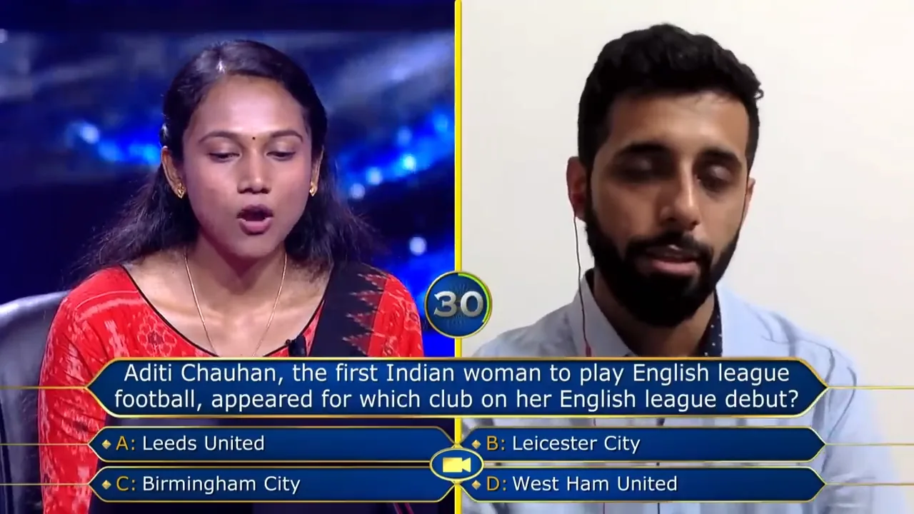 A Kaun Banega Crorepati question featuring Aditi Chauhan, asking which English club she appeared for on her league debut, with West Ham United as an answer.