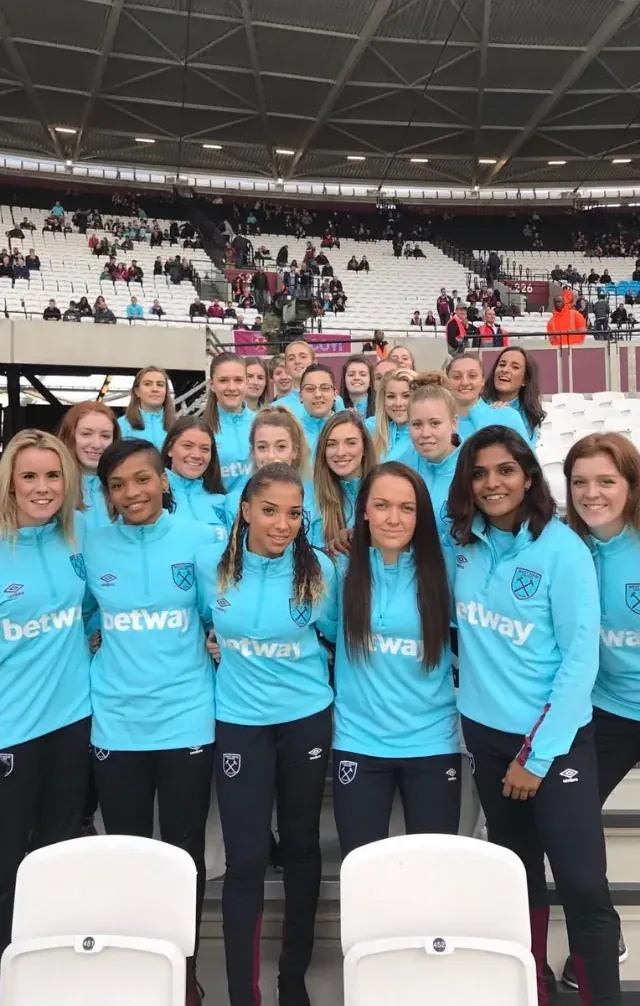Aditi Chauhan in a team selfie with West Ham United teammates.